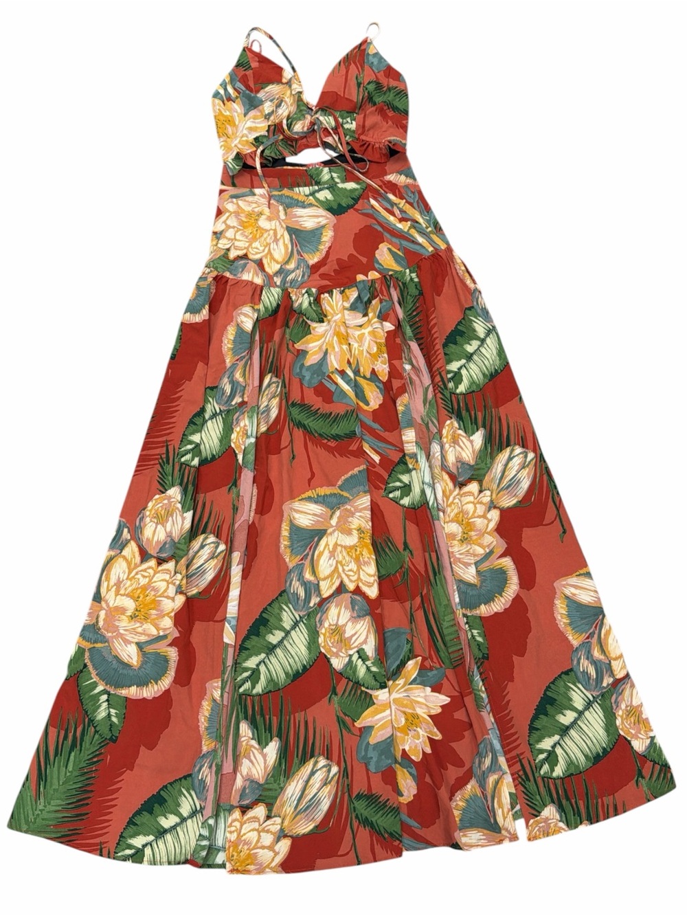 THE SANG Terracotta Tropical Floral Cutout Plunge Maxi Dress